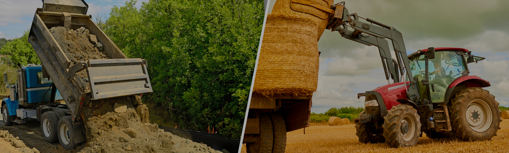 Red tractor and dump truck in agricultural field promoting AgroEcoPower tuning — boost horsepower, torque, and fuel efficiency.