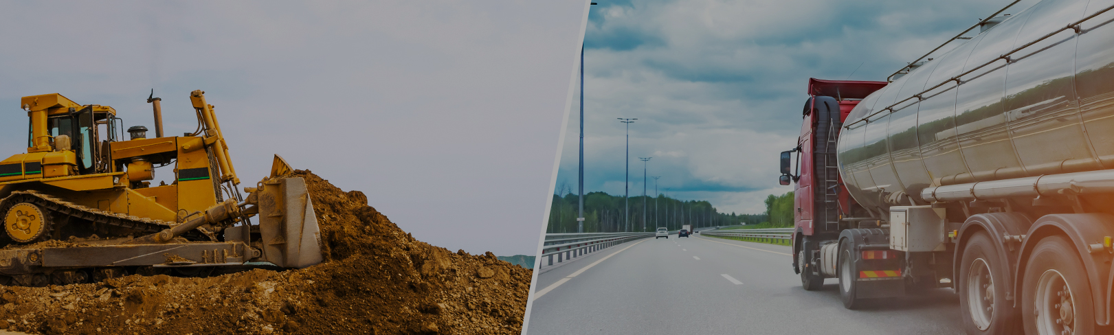 Contact page banner showing construction dozer and fuel tanker truck — representing Peak 8 Solutions' nationwide support for heavy equipment and diesel maintenance needs.