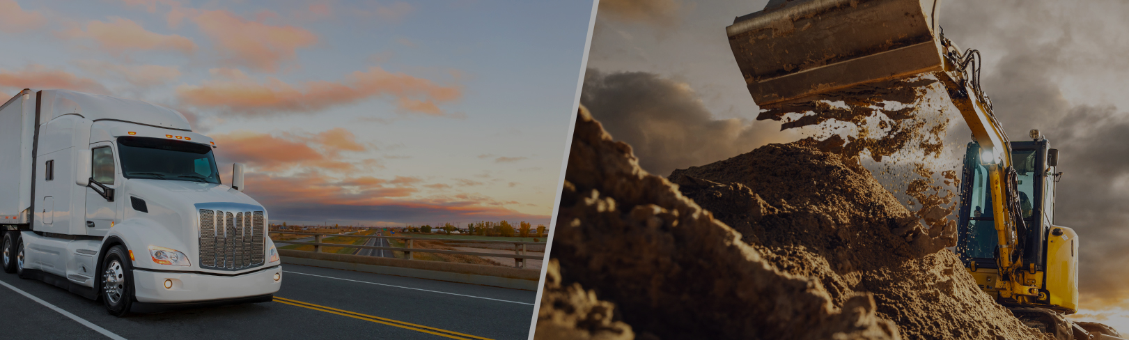 Excavator moving dirt and a white semi-truck at sunset, representing Texas Refinery Corp lubricants for heavy equipment maintenance.
